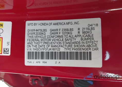 2018 Honda Accord Sport from USA, damaged, VIN 1HGCV1F37JA160122